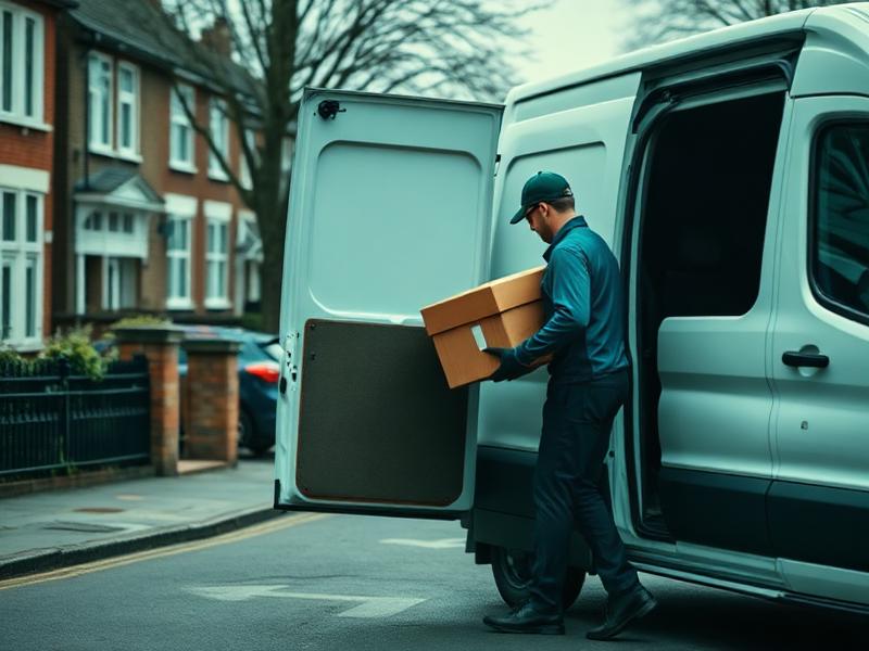 Driver loading a large parcel into a white van on a residential street