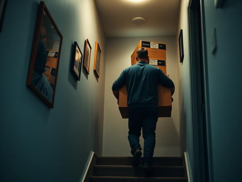 Mover carrying stacked boxes down a narrow flat stairwell