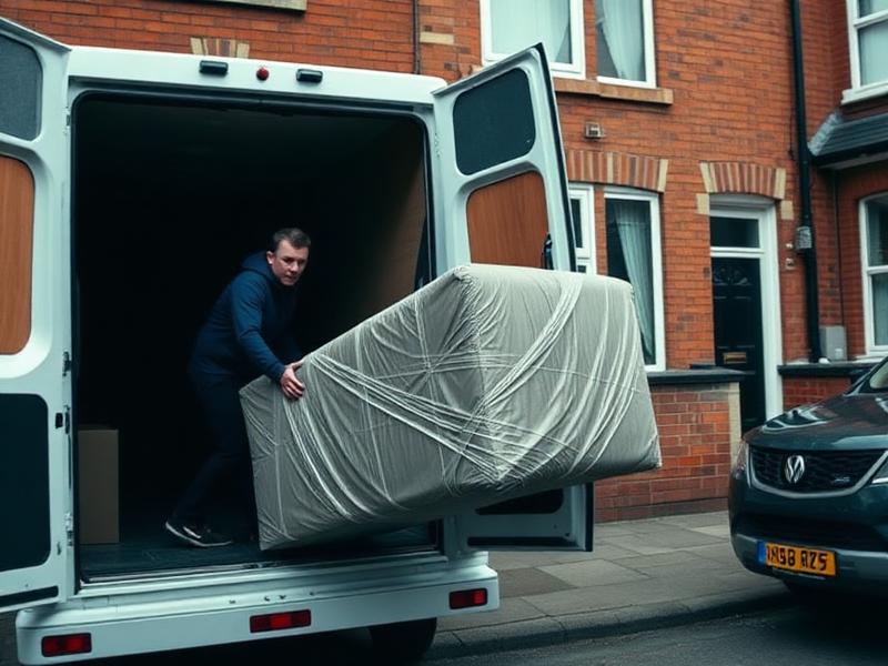 Mover loading a wrapped sofa into a van outside a Liverpool terraced house