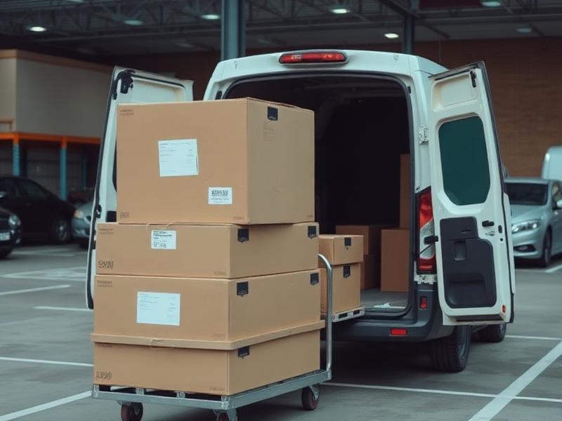 Flat-pack furniture boxes on a trolley beside a van at a warehouse store